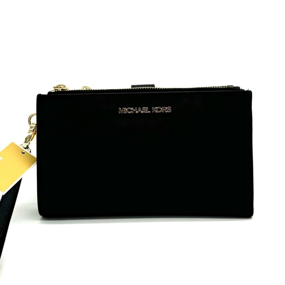 Michael Kors Large Double Zip Wallet Wristlet Black/Gold - Picture 2 of 9